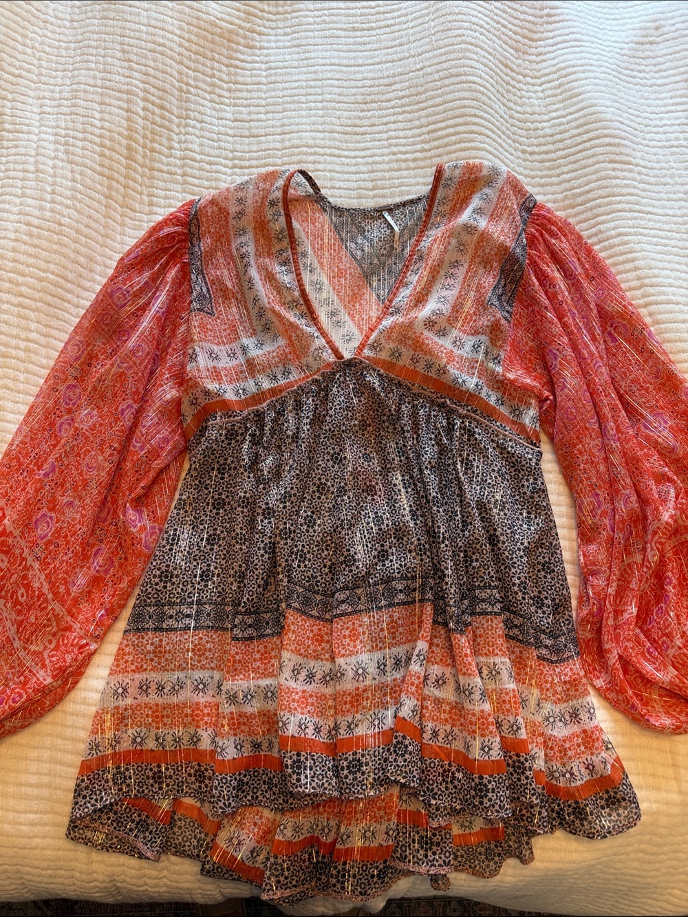 Free People Red Orange Pink Patterned Bohemian Blouse